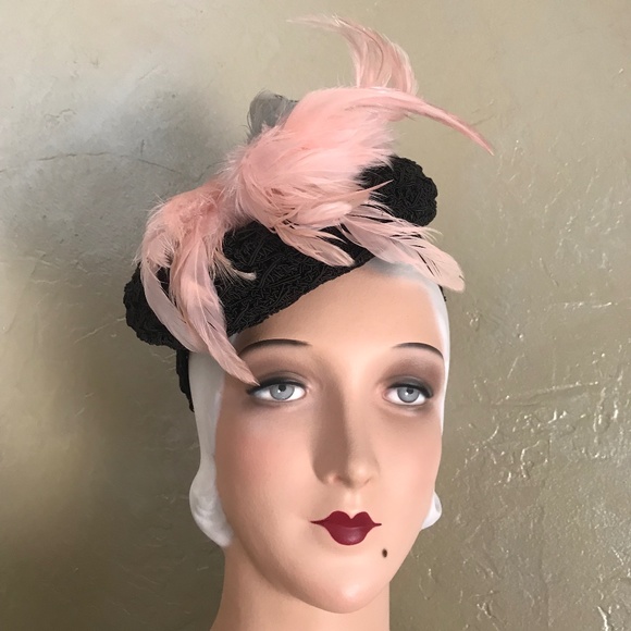 INGENIOUS 1930s' TILT HAT MADE WITH WOVEN BLACK CORDING + PINK & BLUE FEATHERS
